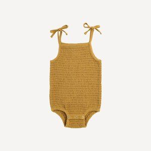 NWT Kate Quinn Tie Smocked Bodysuit Honey Mustard Yellow Bamboo 12-18m